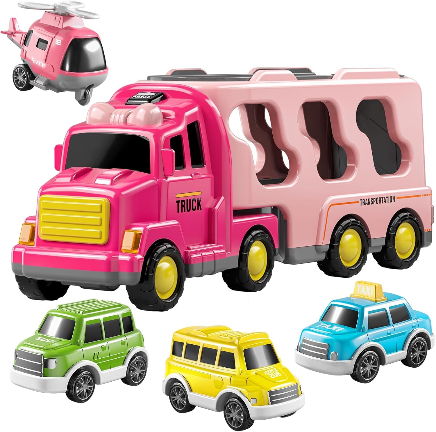 5 Pack Ambulance Vehicle Toddler Truck Toys for 3 4 5 6 Year Old Boys, Friction Powered Cars with Toy Helicopter, Police Car, Fire Truck, Ambulance Car, Birthday Gifts for Girls Age 3-9